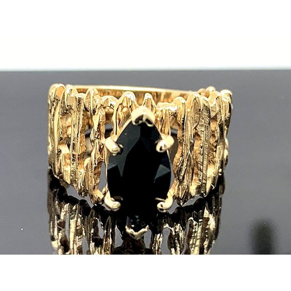 Black Gemstone Marquise Cocktail Ring 14k Yellow Gold Women's Estate Size 6.5